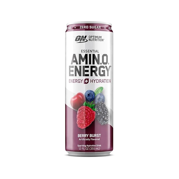 Optimum Nutrition Amino Energy Sparkling Hydration Drink, Electrolytes, Caffeine, Amino Acids, BCAAs, Sugar Free, Berry Burst, 12 Fl Oz, 12 Pack
