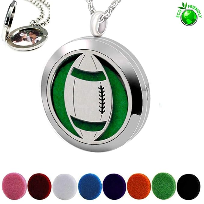 Essential Oil Diffuser Necklace, Hypoallergenic Stainless Steel Aromatherapy American Football Locket Pendant Jewelry Sets Birthday Christmas Mother's Day Gift for Women Men Teen