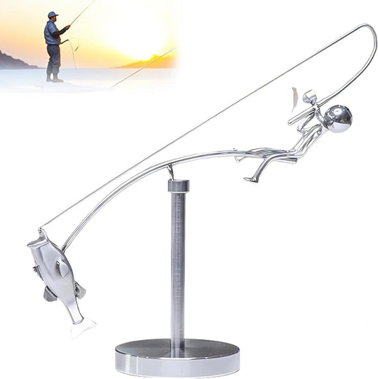 Kinetic Fishing Sculpture - Balance Art for Your Space, Fisherman Kinetic Balancing Desk Toy Fishing Physics Sculpture for Home Office Art Deco, Stainless Steel Balance Physics Toy (1pcs)