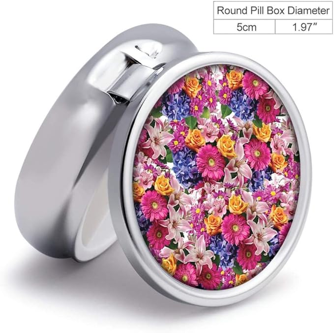 All Flowers Bloom Together Pill Box Purse Pocket Small Round Silver Pill Case Decorative Box Metal Medicine Vitamin Pill Organizer Portable Unique Gift