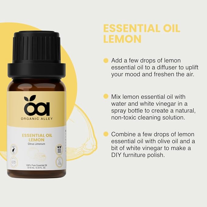 Lemon Essential Oil by Organic Alley (0.33 Fl Oz) | 100% Pure, Undiluted, Natural Citrus Limonum Oil | Lemon Oil for Skin, Cleaning, Therapeutic Grade | Fresh, Zesty Scent