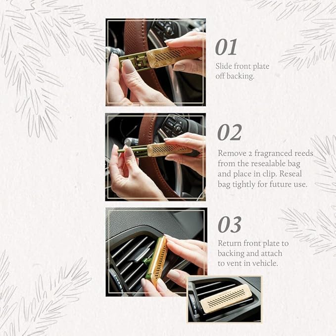 Thymes Frasier Fir Car Diffuser Kit + Refills – Vent Clip Air Freshener + 4 Frasier Fir Diffuser Reeds – Car Air Fresheners with Fresh Scent – Long-Lasting Fragrance