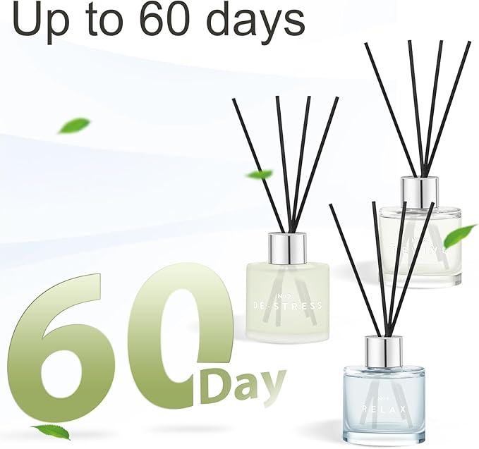 3 Set of Reed Diffusers, 5.07 oz Reed Diffusers with 12 Black Fiber Sticks, 150 ml Jasmine Lily Cucumber Bamboo Scent Diffuser for Home,Long Lasting up to 90 Days
