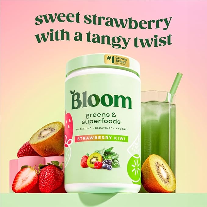 Bloom Nutrition Superfood Greens Powder, Digestive Enzymes with Probiotics and Prebiotics, Gut Health, Bloating Relief for Women, Chlorella, Green Juice Mix w Beet Root Powder, 60 SVG, Strawberry Kiwi