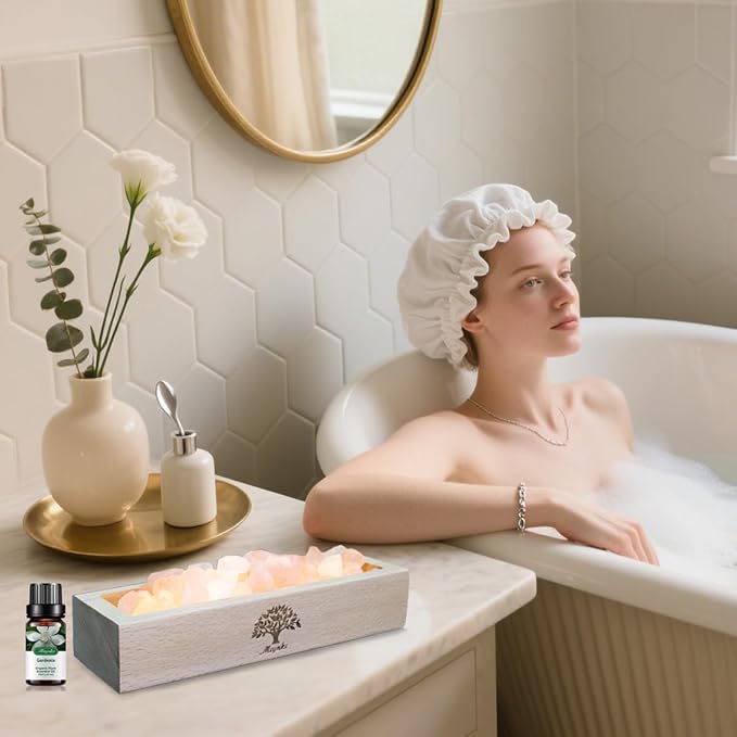 Himalayan Salt Lamp Diffuser - 300g Pink Salt with Wood Base, USB Powered, Warm Light & 10ml Gardenia Essential Oil Set for Aromatherapy, Relaxation, Meditation, Home Decor, Gifts