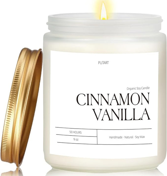 Cinnamon Vanilla Candles for Home Scented, Natural Soy Wax Aromatherapy Non Toxic Heavy Scented Candle with Essential Oil, Home Fragrance Stress Relief Jar Candles Gifts for Women & Men 9oz