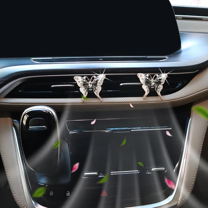 2pcs Black Butterfly Car Air Freshener Vent Clips Bling Car Accessories for Women Refillable Scents Diffusers