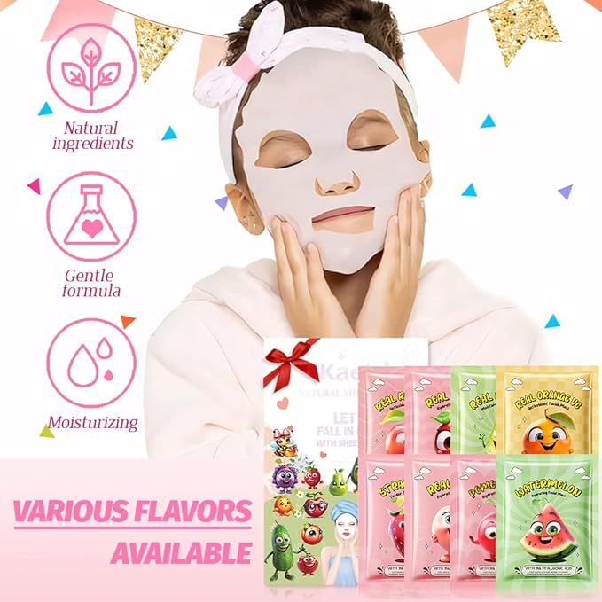evpct 8 Pack Fruit Kids Face Masks for Kids Girls Spa, Girls Kids Facial Spa Day Slumber Sleepover Birthday Party Favors Supplies Kit for Girl, Kid Friendly Facial Face Masks Bulk Skincare for Kid, 01