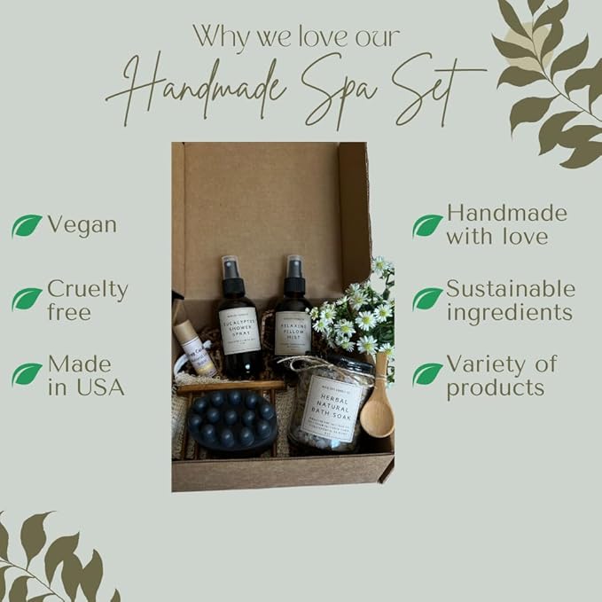 Handmade Spa Set, Natural Self-Care Essentials, Relaxing Gift Sets for Her,Gifts for Women, herbal natural bath soak, natural lip balm,relaxing pillow mist, Eucalyptus shower spray, Charcoal Soap Bar
