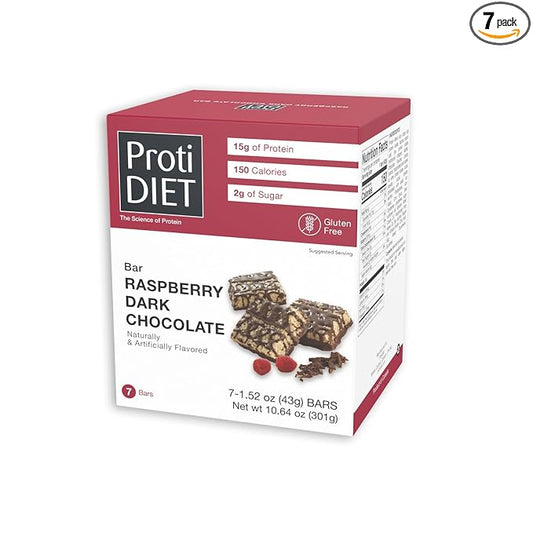 ProtiDIET Dark Chocolate and Raspberry High Protein Bars - Gluten-free, Low Fat and Fiber Enriched Snacks, Protein Bars with Collagen to Aid Overall Health - 7 Square Bars Per Box