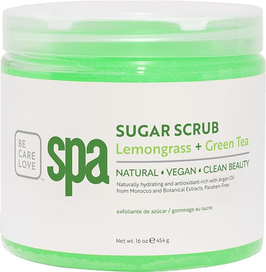 Be Care Love Spa Sugar Scrub Lemongrass + Green Tea to moisturize, detoxify and purify skin for acne-prone, oily, or damaged skin.16 oz