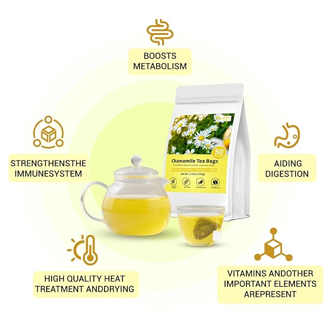 Chamomile Tea Bags, 100% Pure Natural Chamomile Flower Herbal Tea for Relaxation, Caffeine Free, Non-GMO, Additives Free,No Sugar/Gluten（1 Pack/50 Bags)