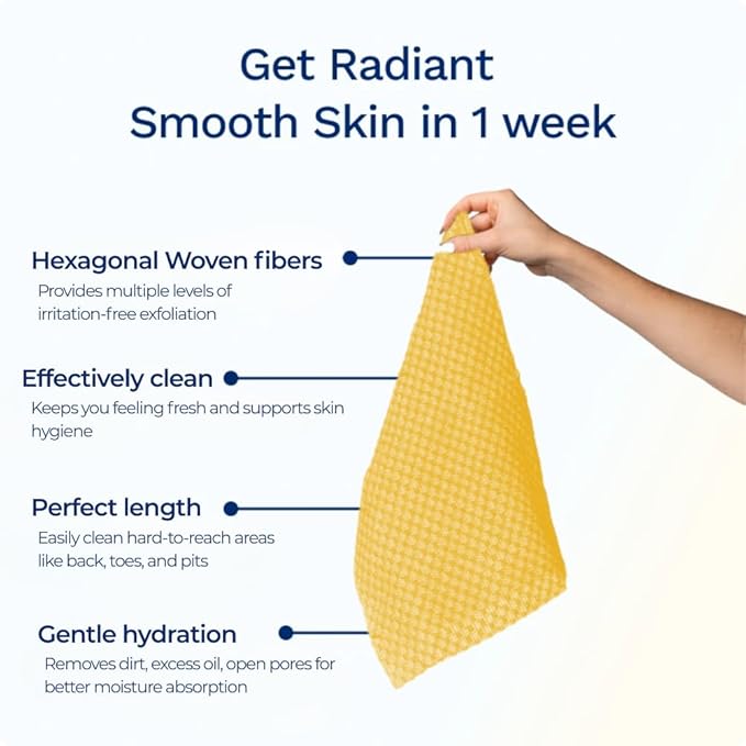 Exfoliating Washcloth Face & Body Scrub Towel - Japanese Exfoliating Towel with Hexagon Fibers, Body Scrubber with 2 Sides for Scrubbing & Washing, Extra Long Body Towel (Yellow)