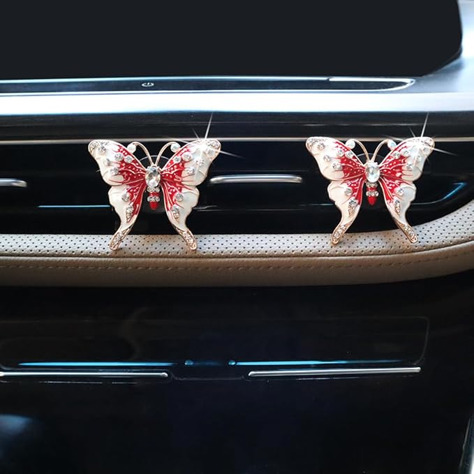 2pcs Red Butterfly Car Air Freshener Vent Clips Bling Car Accessories for Women Refillable Scents Diffusers