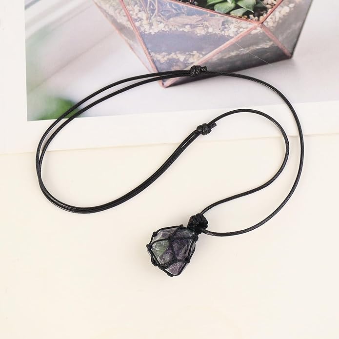 Handmade Natural Gemstone Crystal Pendant Necklace Stone Holder Necklace Cord Net Necklace with Adjustable Length for Women Men