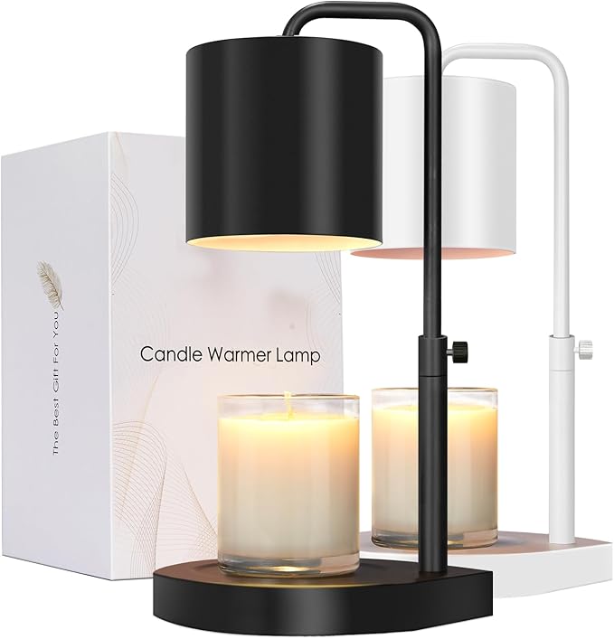Candle Warmer Lamp Adjustable Height Dimmable with Timer Large Jar Candles Compatible - No Flame Scented Wax Warmer with 2 Bulbs - Mothers Day Gift - Black