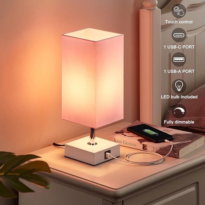 Ambimall Touch Control Table Lamp with 2 USB Charging Ports, 3 Way Touch Lamps Beside Desk, Nightstand Lamp for Bedrooms Living Room, Pink Shade with White Base, LED Bulb Included(Pink)
