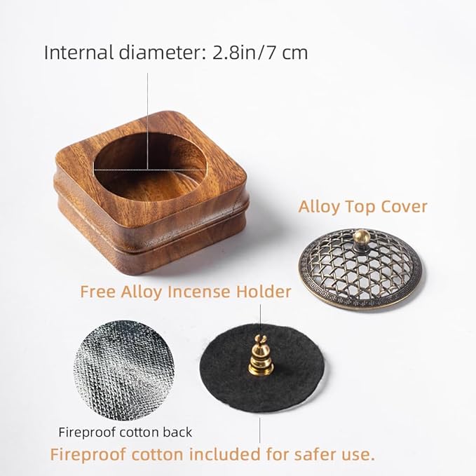Bamboo Node Walnut Wood Incense Burner Holder - 4" Handcrafted Square Censer with Alloy Lid for Sticks/Cones/Yoga & Meditation (Natural Wood, Zen Home Décor)