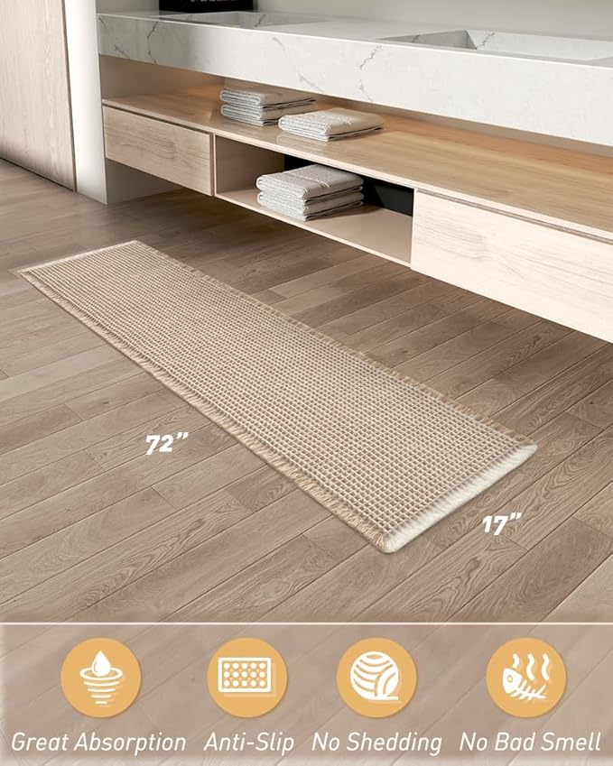 AMOAMI Upgraded Waffle Runner Rug Super Absorbent Non Slip Bath Mats for Bathroom Machine Washable Bathroom Runner Rug with Tassels, Ideal for Hallway Bedroom Laundry Room, 17" x 72", Brown & Cream