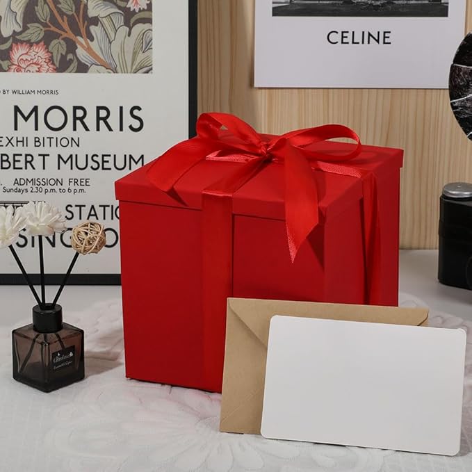 Gift Box with Lid 7x7x7 Inches, Red Gift Boxes for presents Packaging for Birthdays, Valentine's Day, Christmas, Anniversaries (Include Shredded Paper Fill, Envelope Card Ribbon)