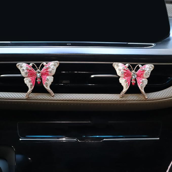 2pcs Pink Butterfly Car Air Freshener Vent Clips Bling Car Accessories for Women Refillable Diffusers