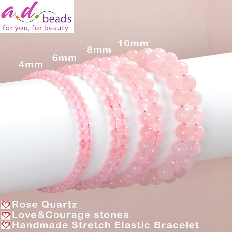 AD Beads Handmade Gemstone Stretch Elastic Bracelet Crystal Healing Reiki Nature's Beauty and Spiritual Essence Unisex (10mm, Rose Quartz)
