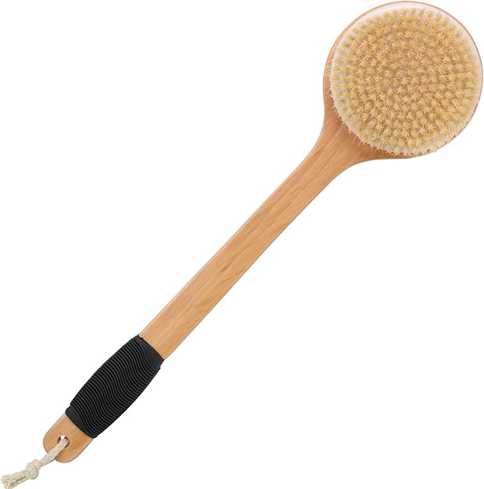 OWIIZI Round Head Back Scrub Brush for Body Shower, Wooden Long Handle Bristles Tub Soaping Bath Brushes, Skin Exfoliator Scrubber Brush for Men Women Elderly Wet or Dry Use