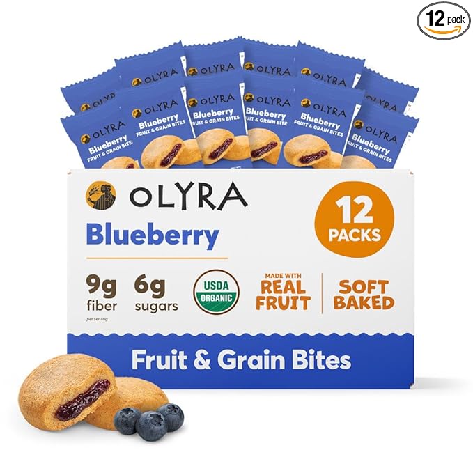 Olyra Blueberry Organic Bars, Prebiotic High Fiber Bars, Healthy Snacks for Kids, Low Sugar, Vegan, Office Bar, USDA Certified Organic, Non GMO (Pack of 12)