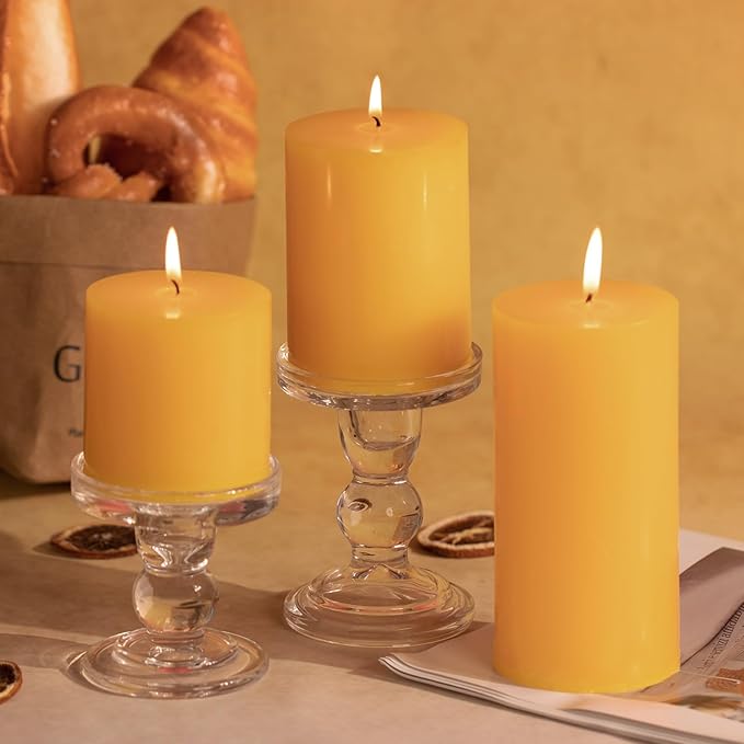 KONNI Yellow Pillar Candles Set of 3, 3"x 3" Unscented Pillar Candles Bulk, 30 Hours Long Burning Candles, Smokeless&Dripless Large Round Candle for Wedding, Home Decoration, Parties, Spas, Dinner