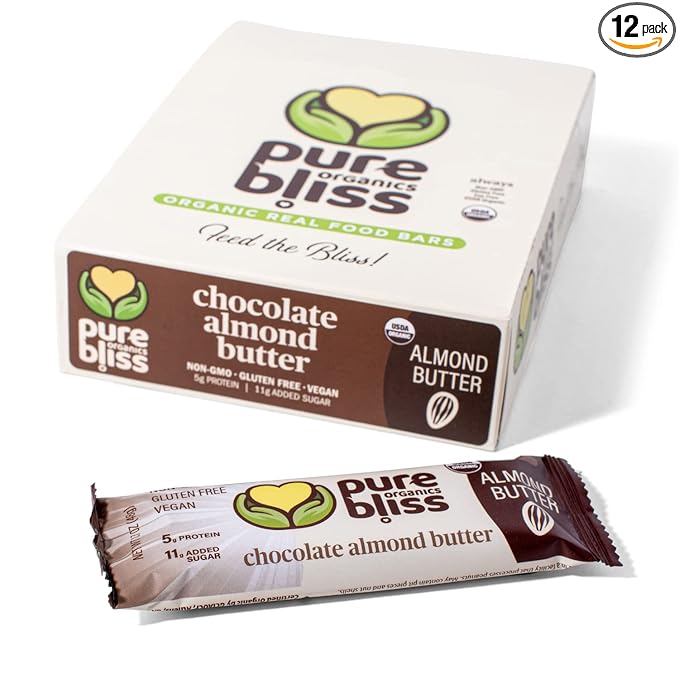 Organic Real Food Bar (Chocolate Almond Butter) Non-GMO, Gluten Free, Vegan, Nutrition Bars, Energy Bars, Super Food Simple Ingredients, Best Tasting, Healthy Snack, Breakfast Bars, Dairy Free, Soy Free, Pure Bliss Organics (1.7 oz bar, 12-Pack Case)