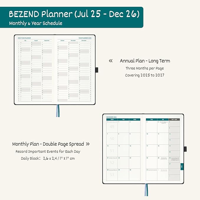 BEZEND Pocket Planner 2026 Weekly and Monthly (3.5" x 6"), 2-Column Calendar Book for Purse (Jul 25-Dec 26), Dual Schedule for Daily Appointment, Inner Pocket, PU Leather Hardcover - Mustard