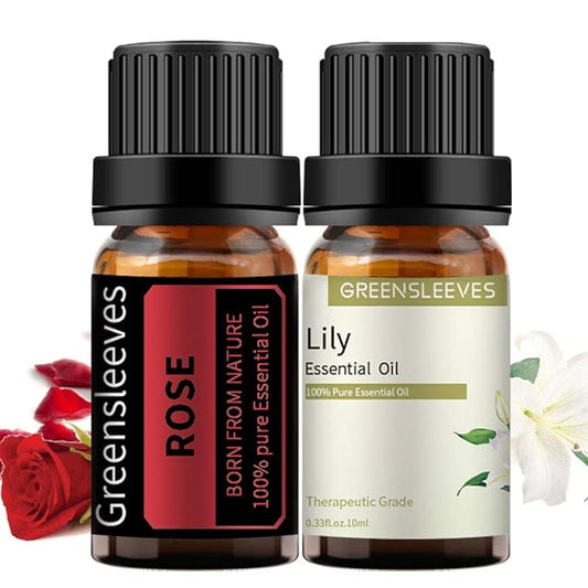 GREENSLEEVES Rose and Lily Essential Oil Set, 100% Pure Oils for Diffuser, Humidifier, Massage - 2 x 10ml