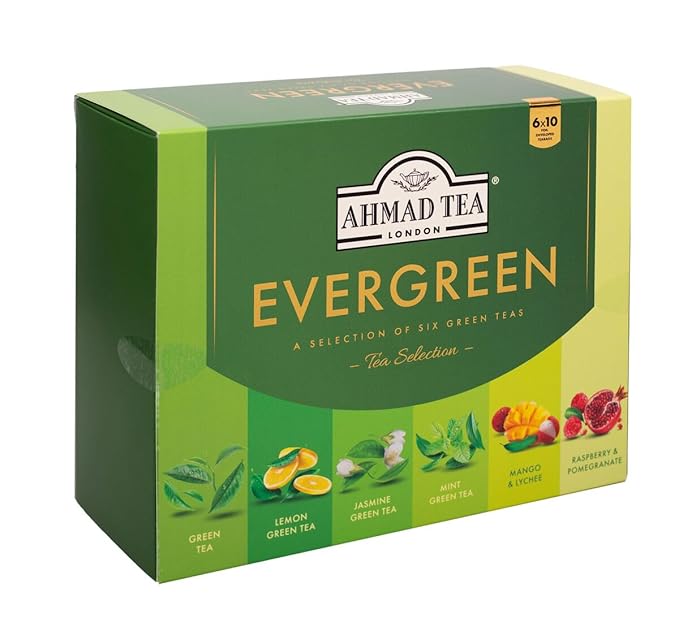 Ahmad Tea Green Tea, Evergreen Selection Pack Teabags, 60 Foil Teabags - Caffeinated & Sugar-Free