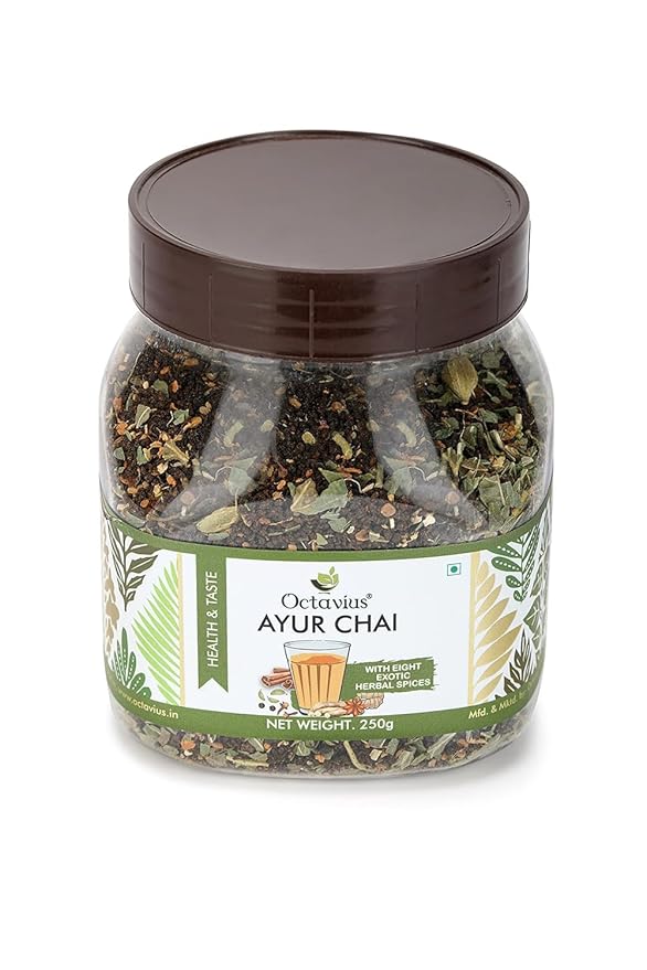 Octavius Ayur Chai Nature Care Tea | 250g Jar | Exotic Indian Ayurvedic Herbal Blend | Wellness & Immunity Boosting Tea | Caffeine-Free Herbal Tea