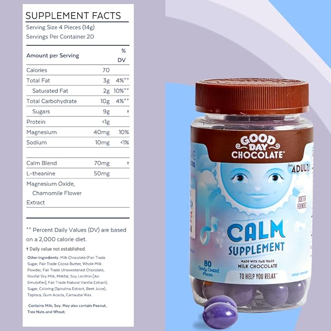 Good Day Chocolate Natural Calming Supplement for Adults, Blend of Camomile, Theanine, Magnesium, Fair Trade and Non-GMO Chocolate, 80 Pieces