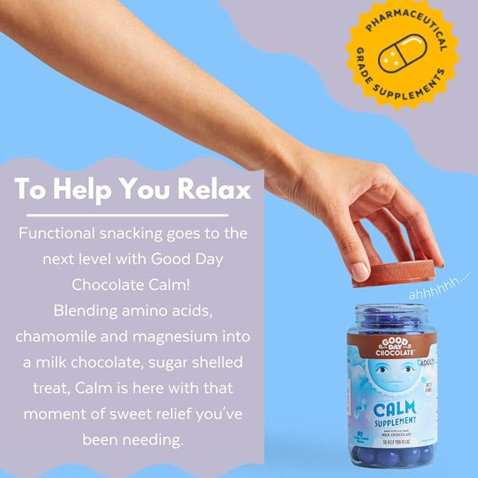 Good Day Chocolate Natural Calming Supplement for Adults, Blend of Camomile, Theanine, Magnesium, Fair Trade and Non-GMO Chocolate, 80 Pieces
