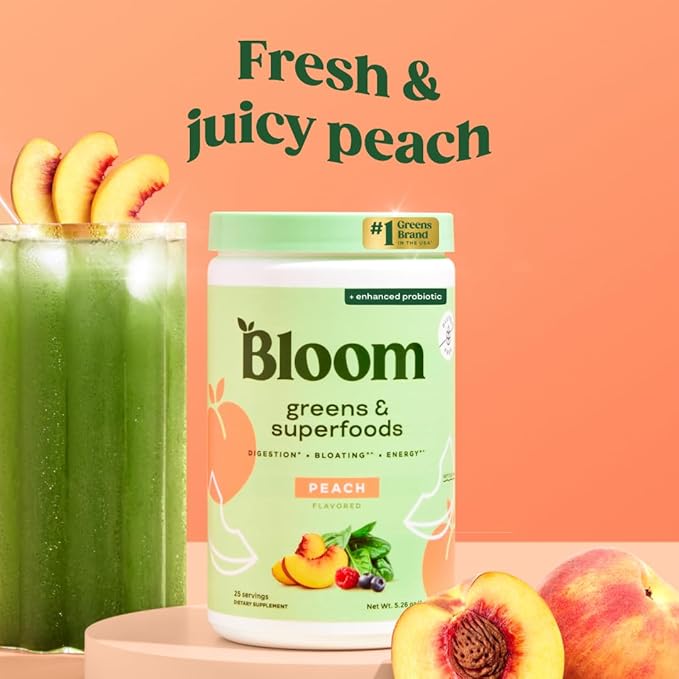 Bloom Nutrition Superfood Greens Powder, Digestive Enzymes with Probiotics and Prebiotics, Gut Health, Bloating Relief for Women, Chlorella, Green Juice Mix with Beet Root Powder, 25 SVG, Peach