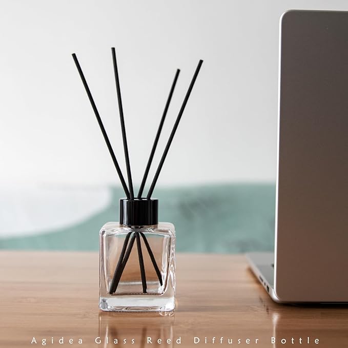 4PCS Glass Diffuser Bottles, Refillable Square Shape With 20pcs Reeds Sticks, Black Caps & Funnel, 3.3" High 100ml 3.52 fl oz. Jars for Home Oil Fragrance Decoration