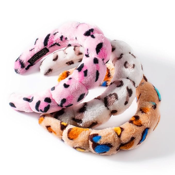 Spa Headbands for Washing Face or Makeup, Sponge Bubble Skincare Headbands, Puffy Terry Cloth Hairband for Women, Skin Care Makeup Headwear Hair Accessories for Girls (Leopard Pink)