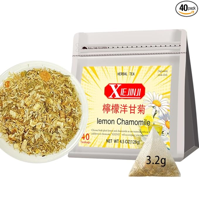 XIEJINJI Lemon Chamomile Tea - 40 Tea Bags, Caffeine-Free Herbal Tea, Zesty Citrus & Soothing Floral Notes, Eco-Conscious Packaging, Hot or Iced