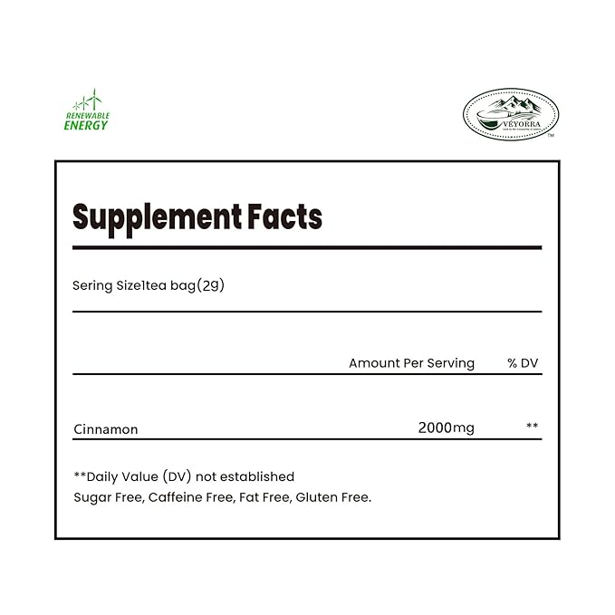 Veyorra Cinnamon Tea Bags -Natural & Pure Cinnamon Bark, Herbal Tea. No Sugar, No Caffeine, No Gluten, Vegan (30 Bags)