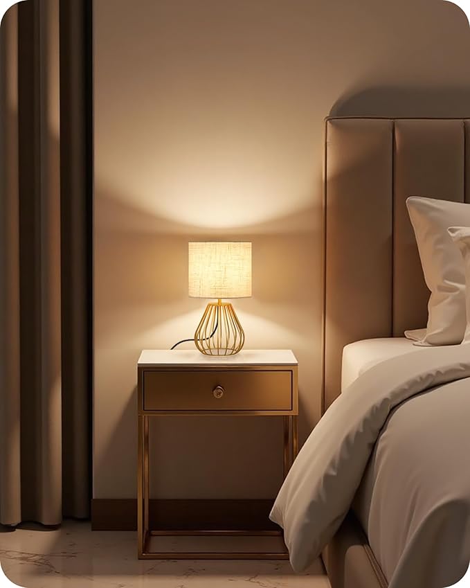 Bedside Table Lamp, 12.6'' Small Table Lamp with Beige Linen Lampshade & Gold Teardrop Cage, Modern Small Little Cute Desk Lamp for Bedroom, Living Room, 2700K LED Bulb Included DE06TL05
