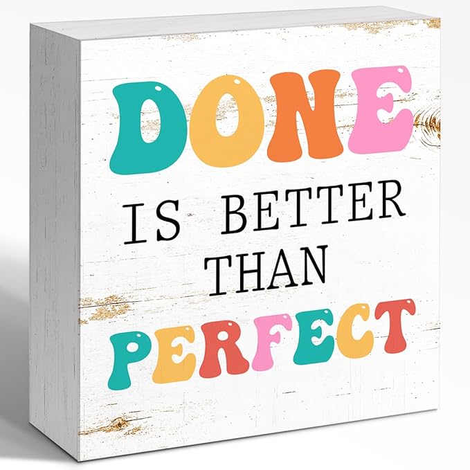 Inspirational Gift Small Office Decor, 5x5x1 INCH Anxiety Relief Cheer Up Wood Box Sign, Done Is Better Than Perfect Are Wooden Block Sign, Motivational Gift For Coworker Employee Friend