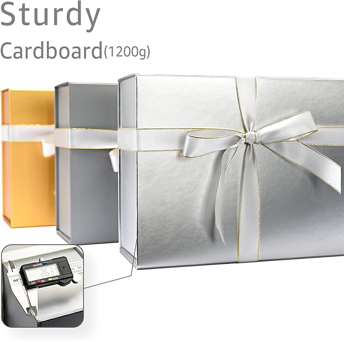 LIFELUM Gift Boxes with Lids,1 Pack 13.85 x 8.35 x 4.45 inch Silver Gift Boxes with Ribbon, Card, Shredded Paper Filler Gift Boxes for Presents,Graduation,Christmas,Birthdays