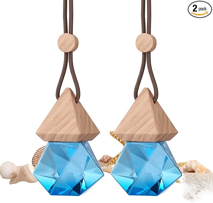 Car Air Freshener Hanging, 2 Pcs Blue Ocean Scent Drift Car Air Freshener, Wooden Fragrance Expanding Bottle Cap, 10ml Per Bottle, Used for Car Decoration and Fresh Air (Ocean)