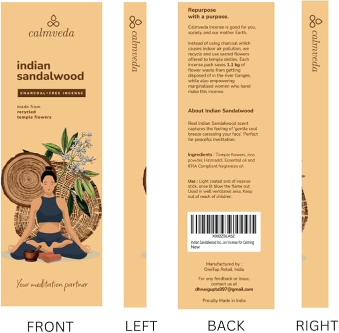 Indian Sandalwood Incense Sticks - 80 Sticks, Charcoal Free, Upcycled Flowers, All Natural, Non Toxic, Meditation & Stress Relief