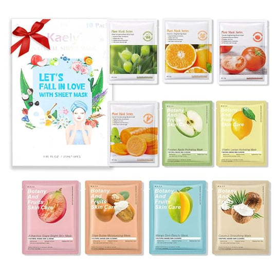 Kaely 10 Pack Variety Sheet Masks, Spa Party Face Masks for Kids Skin Care, Facial Mask Skincare Set Korean, Moisturize Nourish for All Skin Types, Christmas Gifts for Women Men Girls, Set12