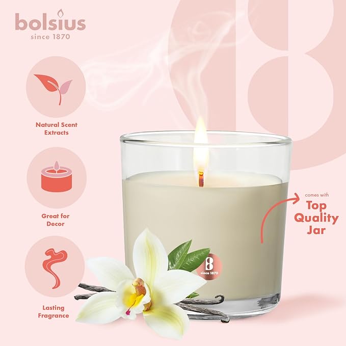 Bolsius Premium Vanilla Scented Candle - Long-Lasting Candle Jar, 43+ Hours Burning Time - Natural Vanilla Candle with Plant-Based Wax- Smokeless. Clean-Burning Aromatherapy Candle - Large, 8oz Jar