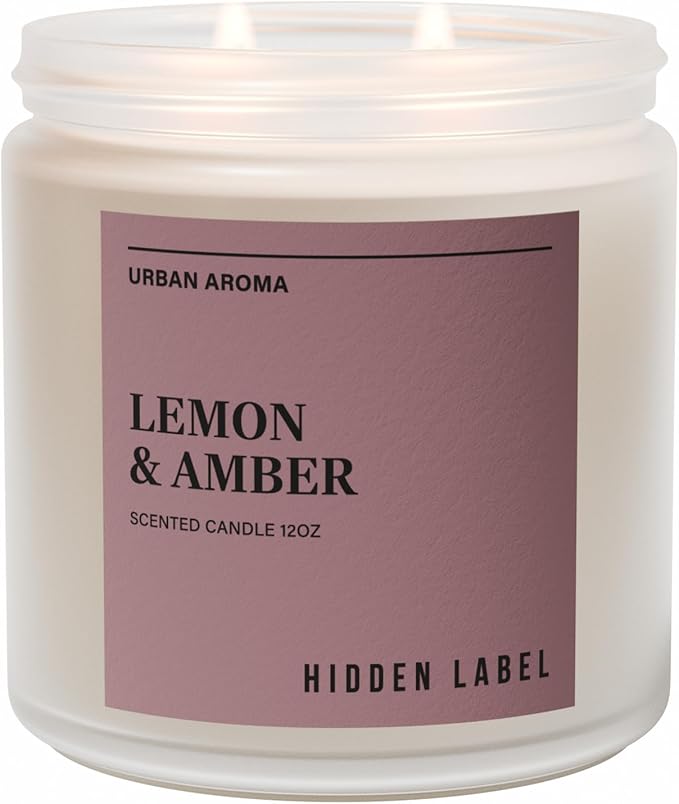 Hidden Label Lemon Amber Scented Candle, 12oz 2 Wick Natural Soy Non Toxic Candles, Clean Burning Long Lasting Aromatherapy for Home | Gifts | Décor,Premium Scents for Relaxation & Stress Relief