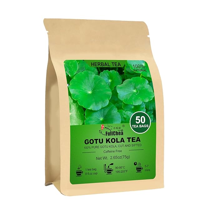 FullChea -Gotu Kola Tea, 50 Teabags - Premium Dried Gotu Kola Leaves - Natural Herbal Tea With Antioxidants & Minerals - Non-GMO - Caffeine-Free - Support Focus